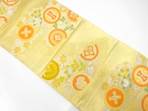 アンティーク　雲取りに宝尽くし・橘・菊模様織り出し袋帯（着用可）